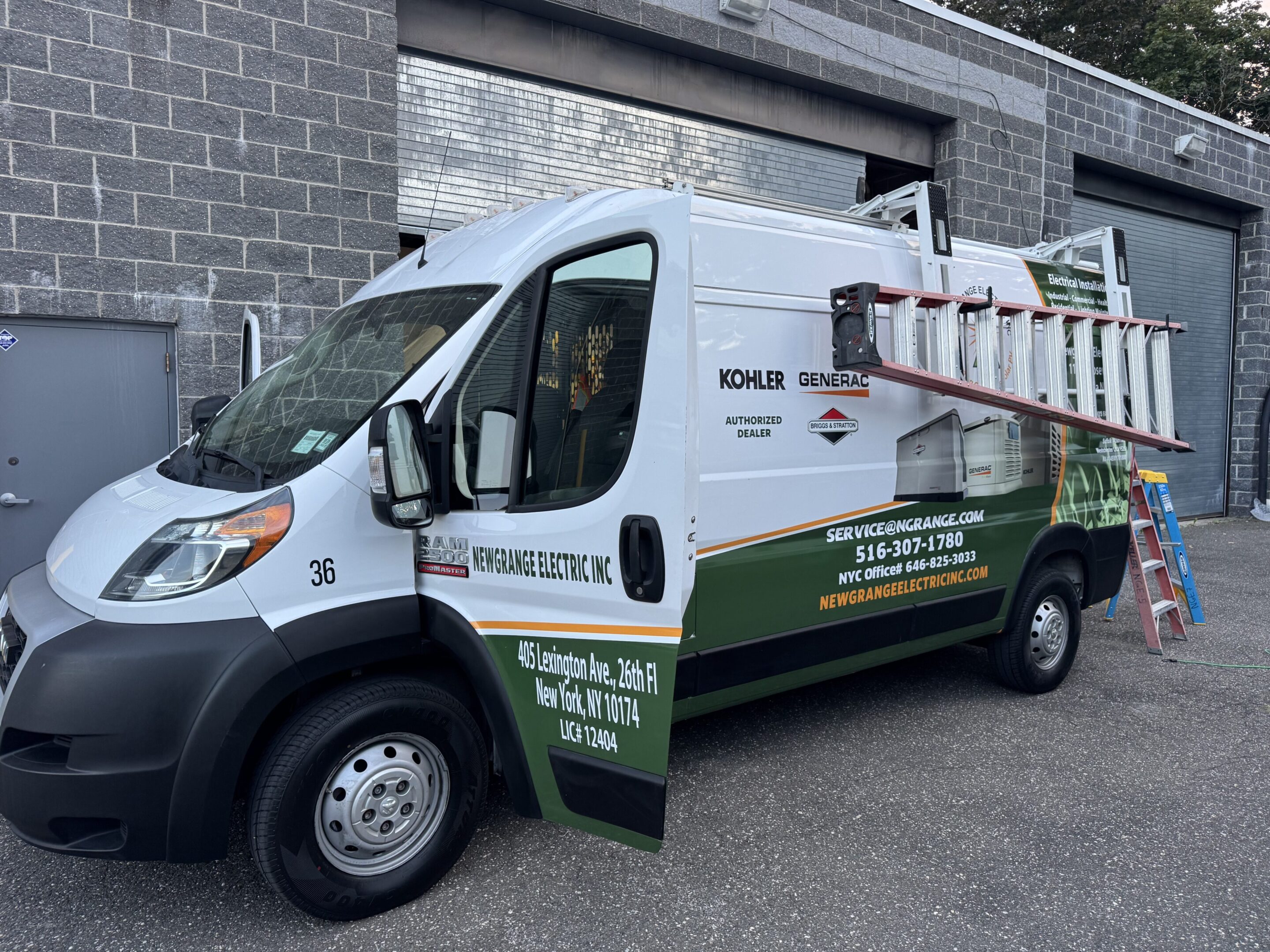 A commercial van for a landscaping and irrigation business parked outdoors.