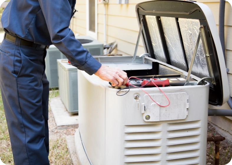 Technician performing maintenance on a home air conditioning unit outdoors.