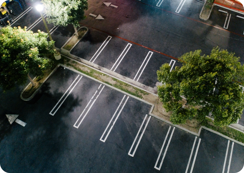 Empty parking lot with white lines and trees around.