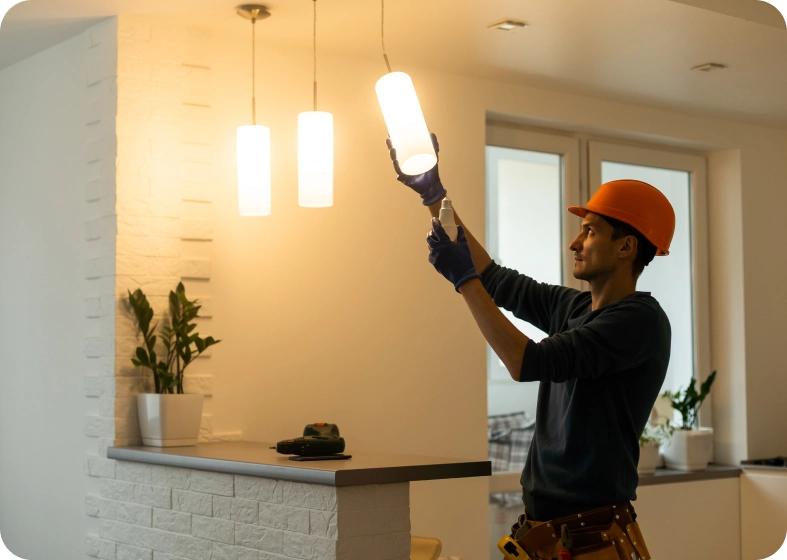 Electrician installing a ceiling light fixture while wearing a safety helmet.