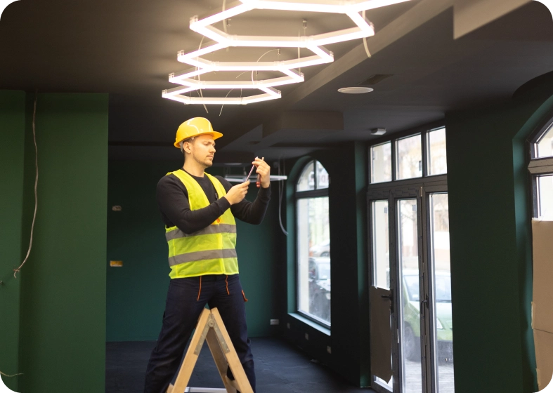 Construction worker installs modern ceiling lights in an office space.