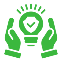 Green hands holding secure lightbulb icon