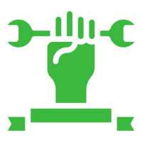 Green emblem with wrench and fist